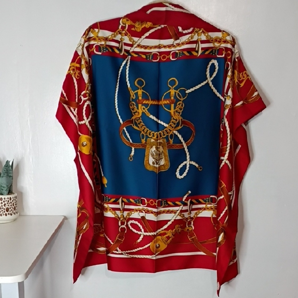 Vintage Scarf Pura Seta Art Of The Scarf Made In Italy Red Blue Chain Square - Picture 3 of 10